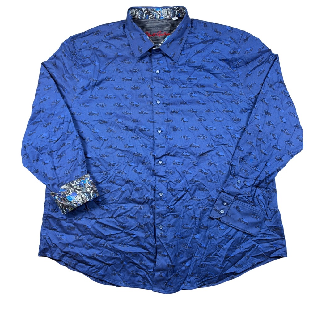 Robert Graham Button Down Shirt Mens 4XL Blue Car Print Long Sleeve Classic Fit